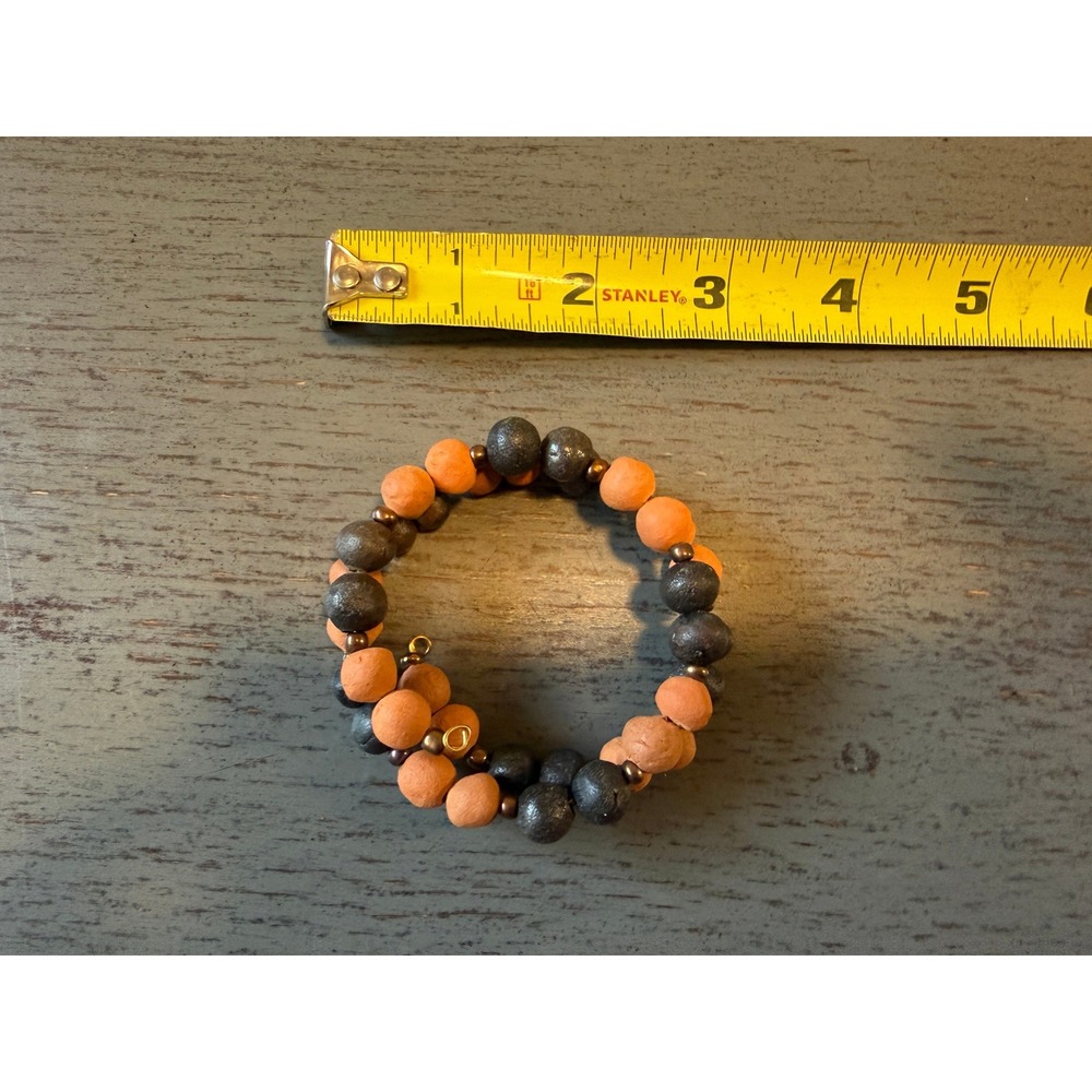 Handmade Beaded Wrap Bracelet Terracotta Orange Black Clay Bead Boho Memory Wire